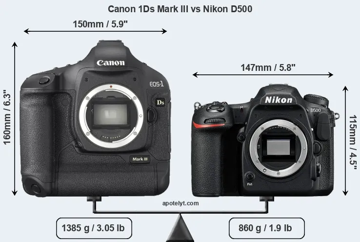 Size Canon 1Ds Mark III vs Nikon D500