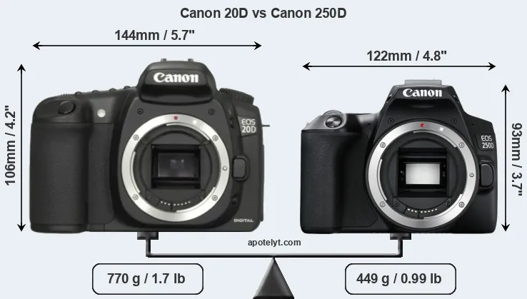 Size Canon 20D vs Canon 250D