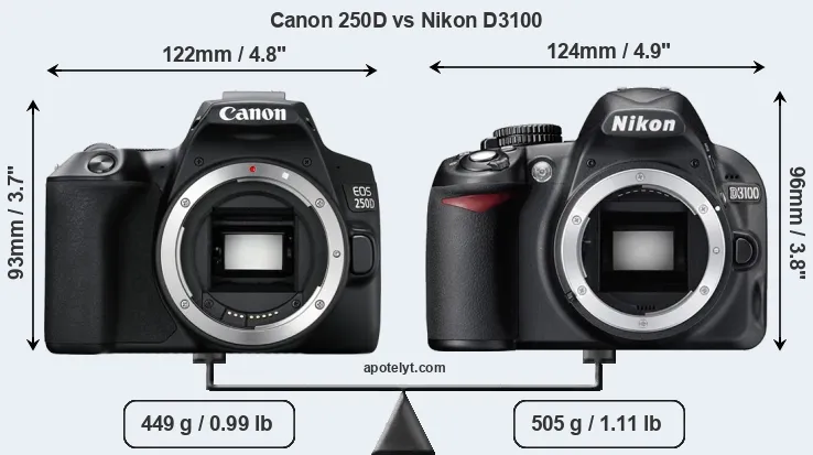 Size Canon 250D vs Nikon D3100