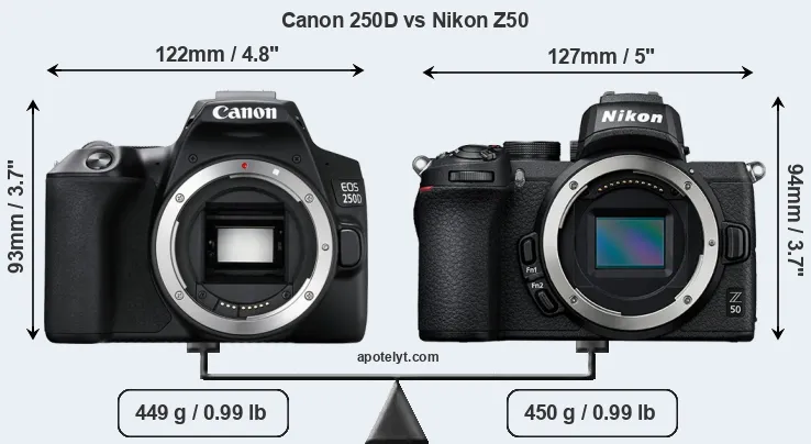 Size Canon 250D vs Nikon Z50