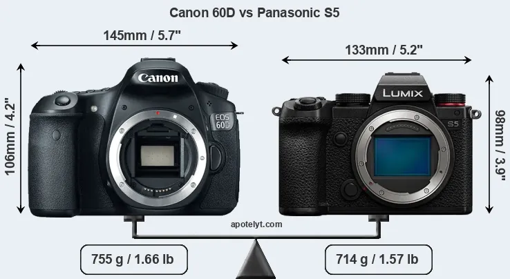 Size Canon 60D vs Panasonic S5