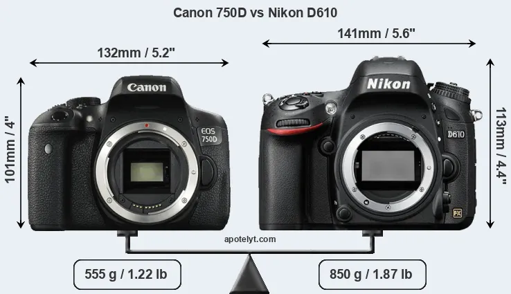 Size Canon 750D vs Nikon D610