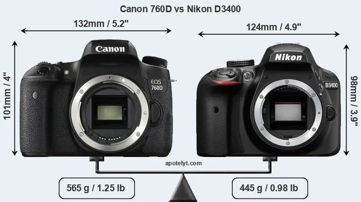 Size Canon 760D vs Nikon D3400