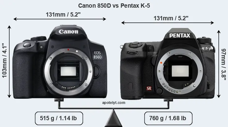 Size Canon 850D vs Pentax K-5