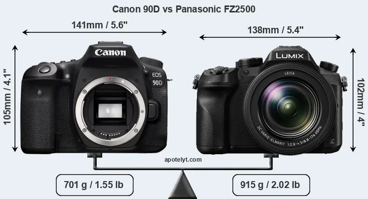 Size Canon 90D vs Panasonic FZ2500