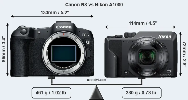 Size Canon R8 vs Nikon A1000