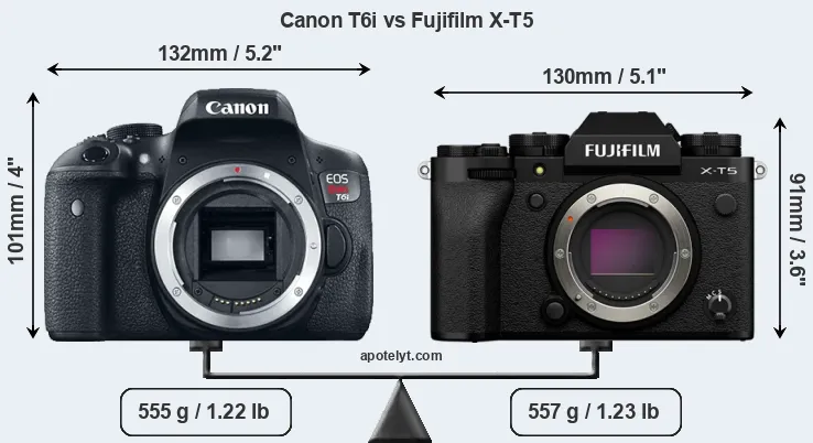 Size Canon T6i vs Fujifilm X-T5