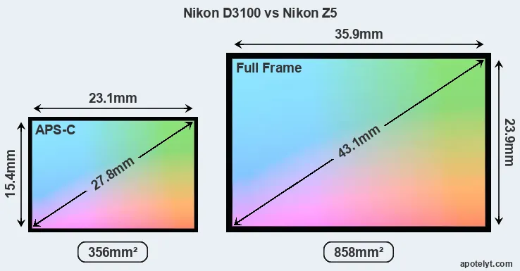 Nikon D3100 and Nikon Z5 sensor measures