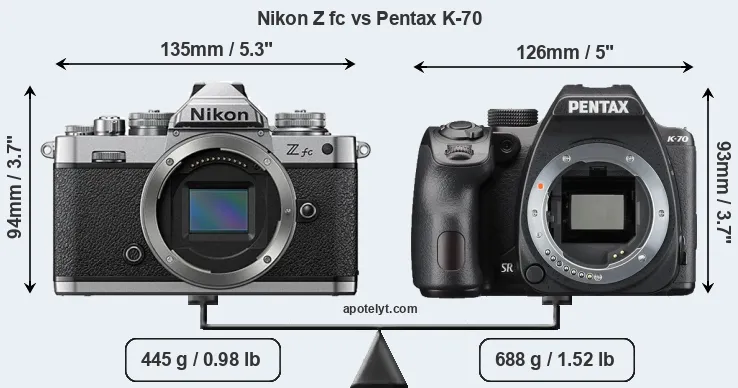 Size Nikon Z fc vs Pentax K-70