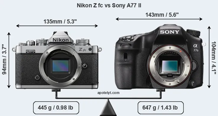 Size Nikon Z fc vs Sony A77 II