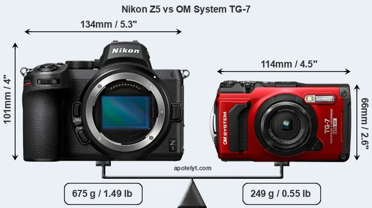 Size Nikon Z5 vs OM System TG-7