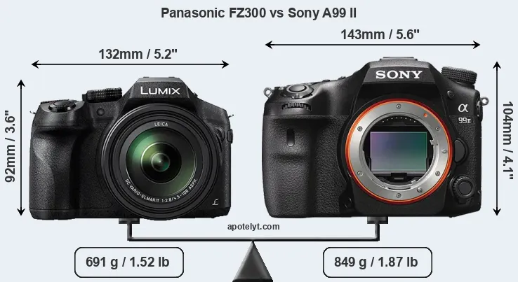 Size Panasonic FZ300 vs Sony A99 II